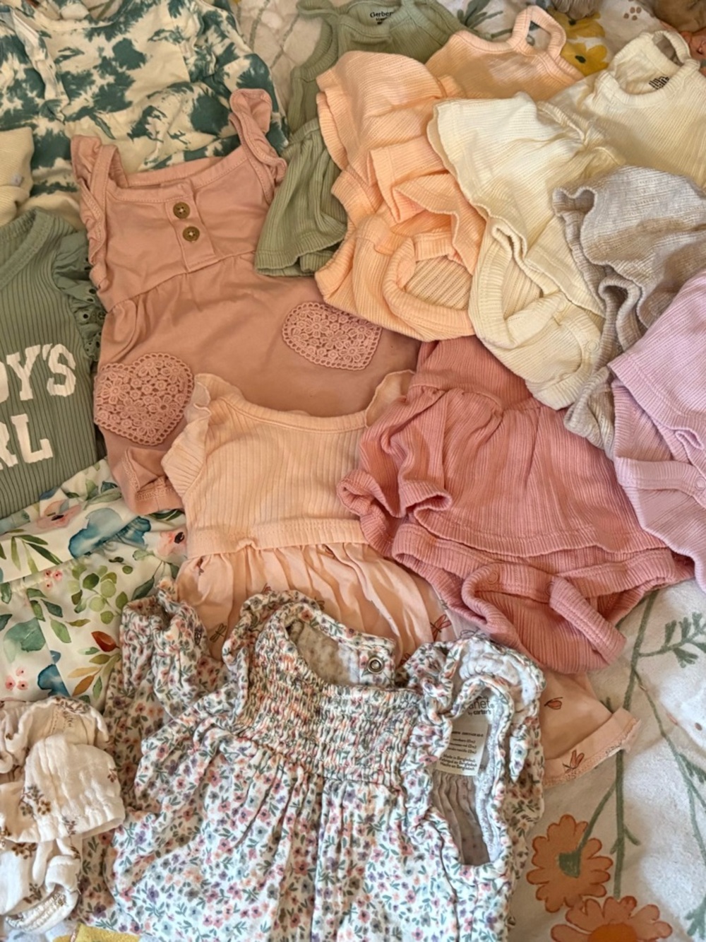 Mixed Baby Girl Romper and Dress Bundle in Pastel Pinks, Peach, Sage, Cream